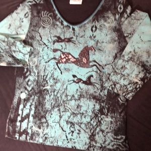 CACTUS BAY "heiroglyphics" TOP NWOT  XL HORSES